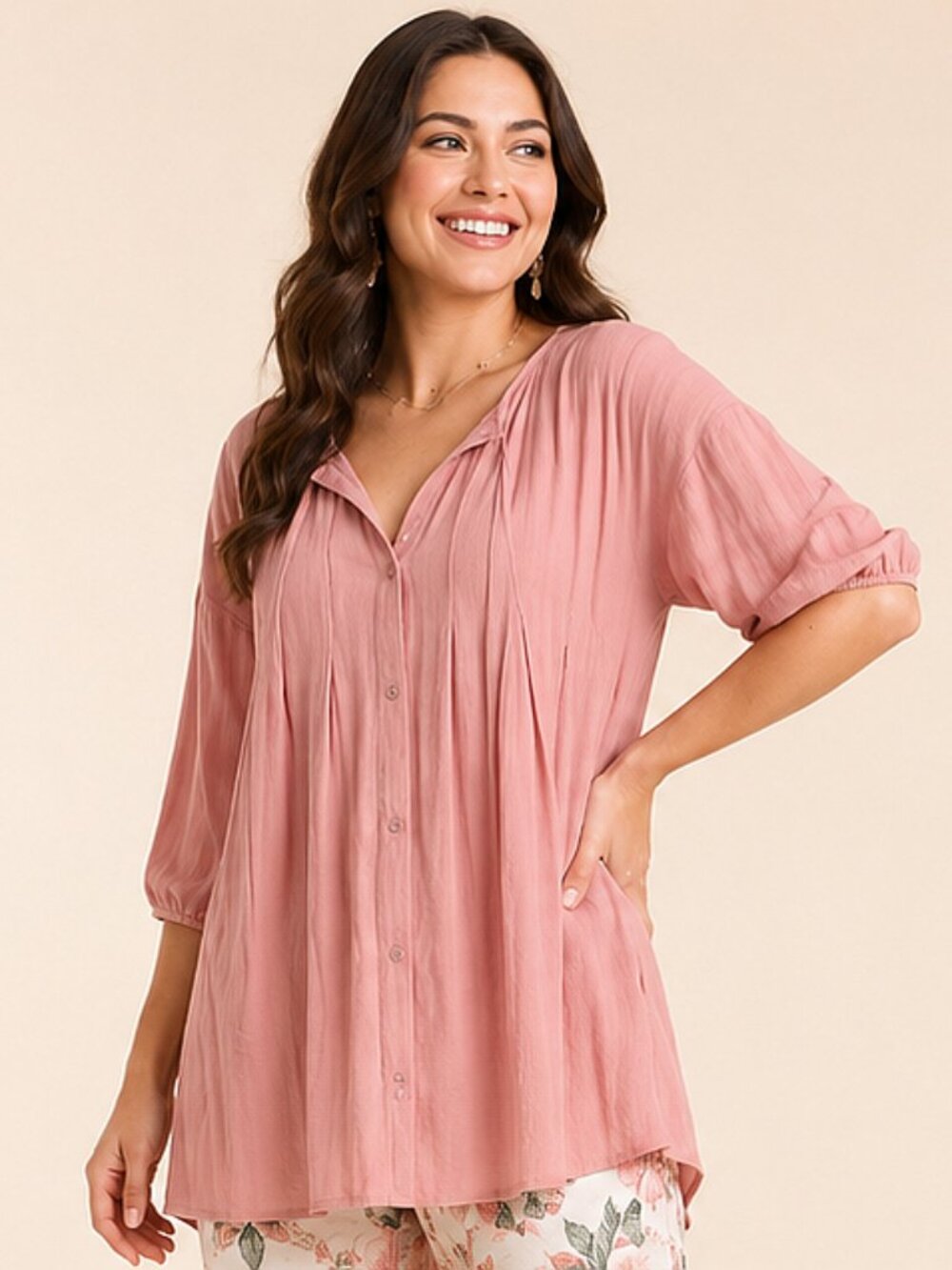 Umgee L 12 14 Blush Pink Button Front Box Pleats Texture Cotton Tunic Top NWT